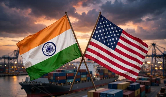 india us trade deal jaishankar — بھارت اور امریکہ کے جھنڈے، تجارتی معاہدے کی خبر